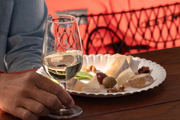 Hand holding wine glass near plate with cheese and fruits on wooden table.
