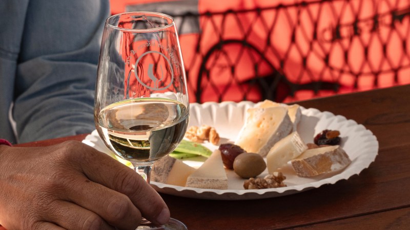 Hand holding wine glass near plate with cheese and fruits on wooden table.