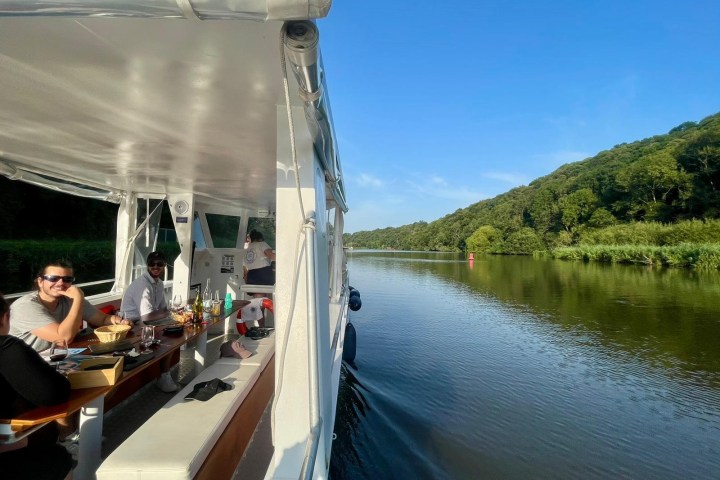 People dining on a boat cruising through a river with trees on the shore.